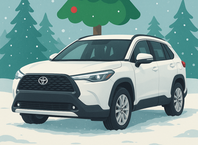 Sneeuw, SUV en Kerstboom